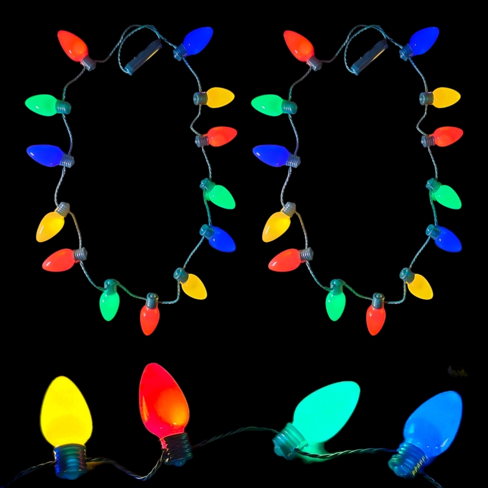 Lot of 2 NEW Big Jumbo Christmas Light Up Flashing Necklace Holiday Party Favors